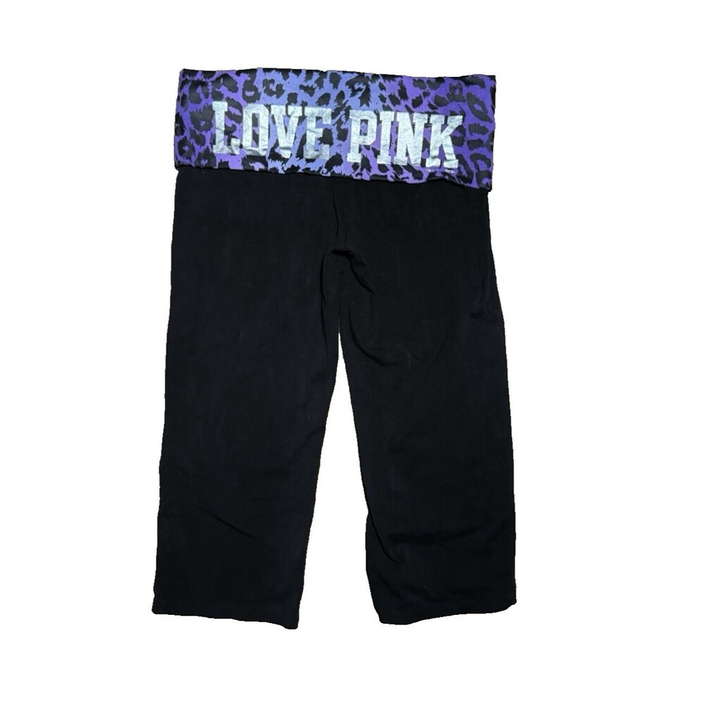 Y2K Victoria's Secret LOVE PINK Fold Over Yoga Capri Purple Leopard 2011 Large